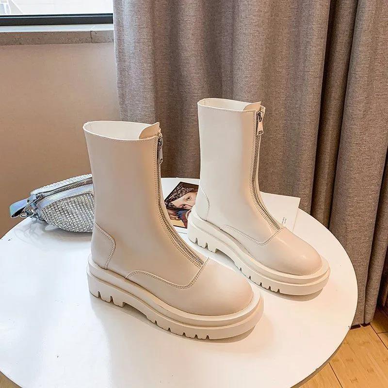 Martin Boots Women's British Style Spring and Autumn Retro Short Single Boots Thick Soles Long Legs Zipper Boots