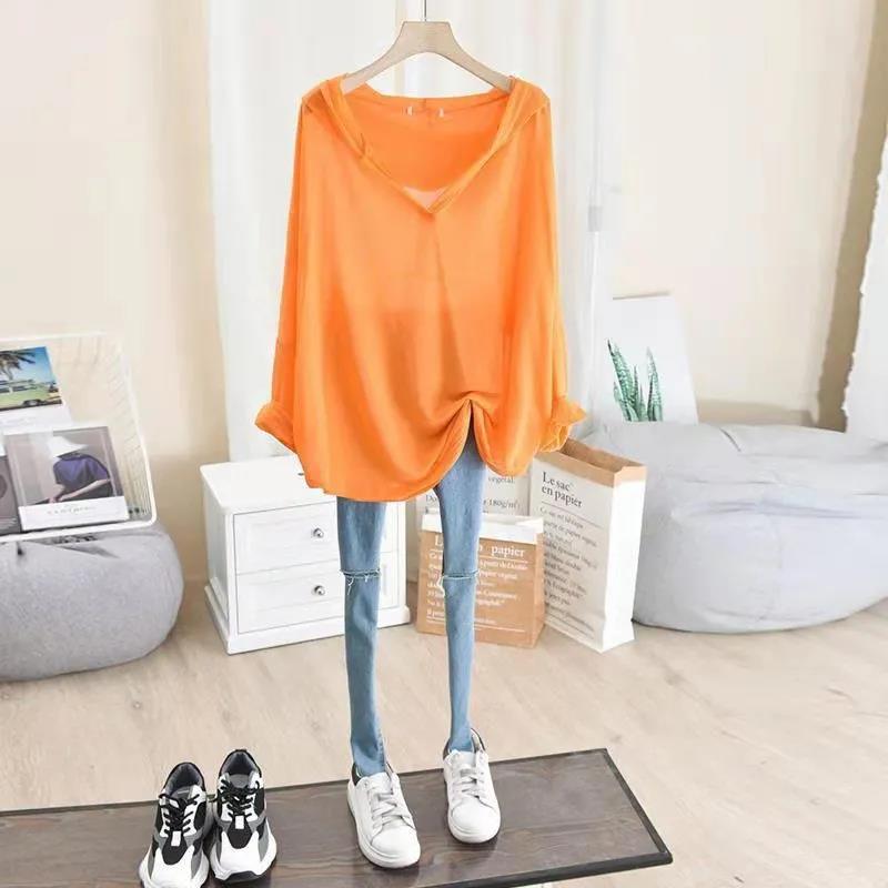 Thin Section Hooded Blouse Korean Version Loose Large Size Casual Shirt Solid Color V-neck Long-sleeved Sun Protection Clothing Female Summer