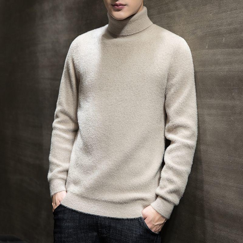 Plus Velvet Autumn and Winter New Solid Color High Collar Sweater Men's Thick Pullovers