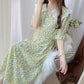 Women Summer Vintage High Waist Fairy Holiday Long Dress Elegant Slim Lace Peter Pan Collar Idyllic Floral Printed Dress