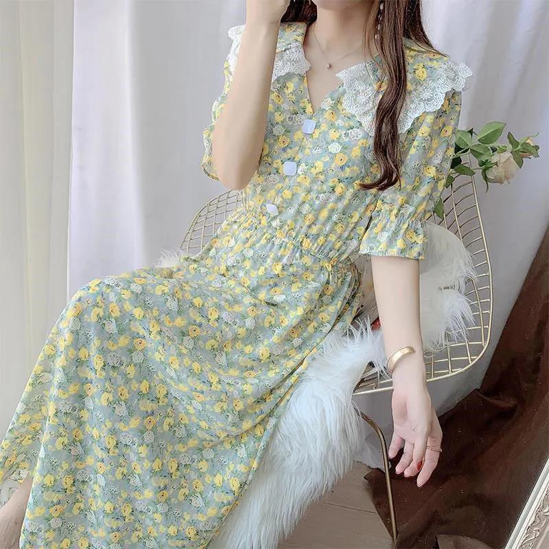 Women Summer Vintage High Waist Fairy Holiday Long Dress Elegant Slim Lace Peter Pan Collar Idyllic Floral Printed Dress