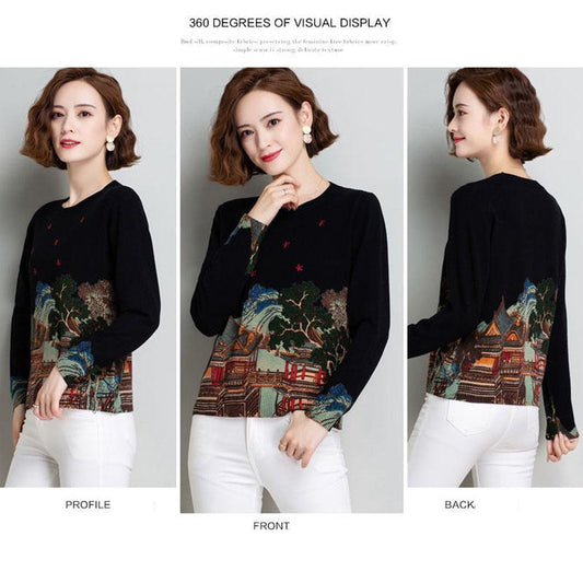 Ethnic Style Women's Short Woolen Sweater Autumn and Winter Printed Sweater Loose Large Size Knitted Jumper