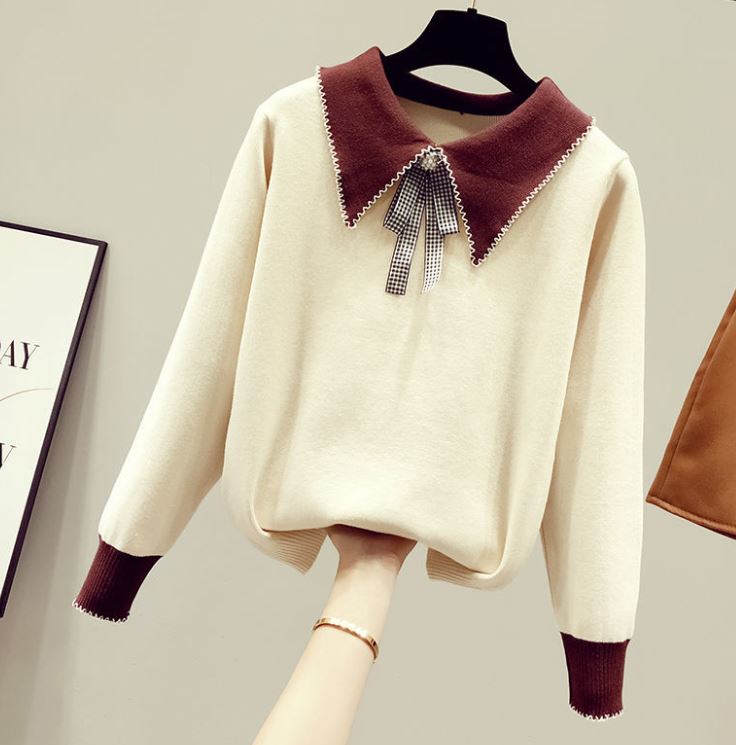 Women's Doll Collar Loose Pullover Knitted Bottoming Shirt Plus Fleece Thickened Large Size Short Sweater
