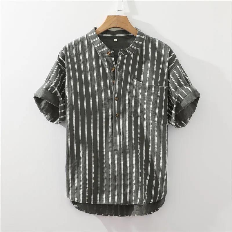 Striped Japanese Short-sleeved Shirt Men's Summer Loose Thin Section Stand-up Collar Pullover T-shirt