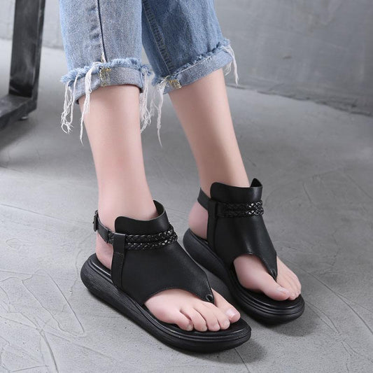 Plus Size 36-40 Summer Women Outdoor Black Rome Flip Flop Flat Bohemian Beach Shoes Non-slip Office Lady Leather Sandals