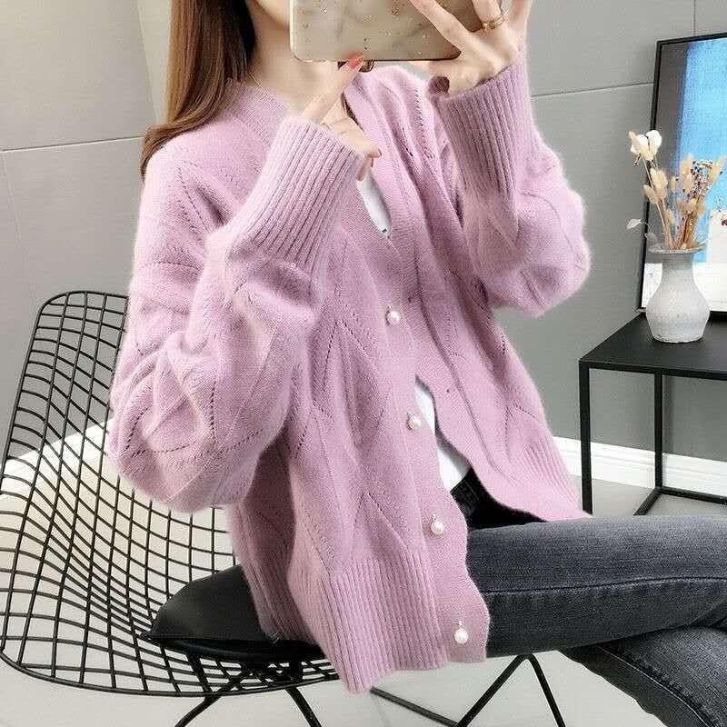 Autumn and Winter Loose Solid Color V-neck Sweater Long-sleeved Knitted Cardigan Jacket All-match Top