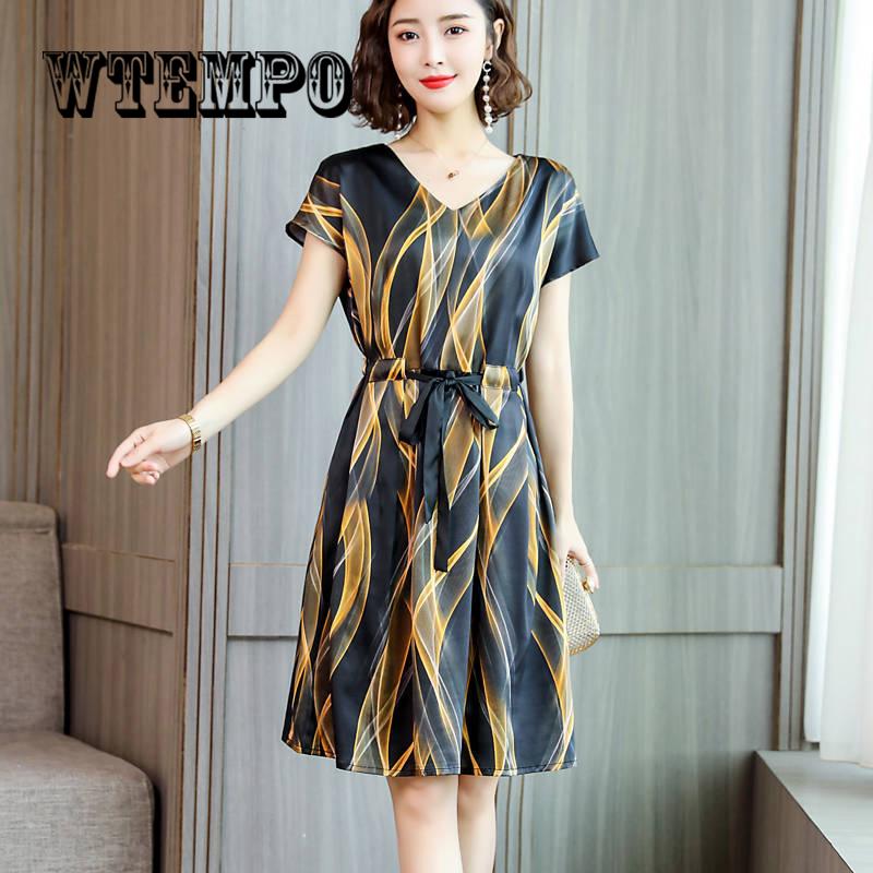 Simulation Silk Dress Female Long Short Sleeve Summer New Small Stripe Imitation Silk Print Dresses