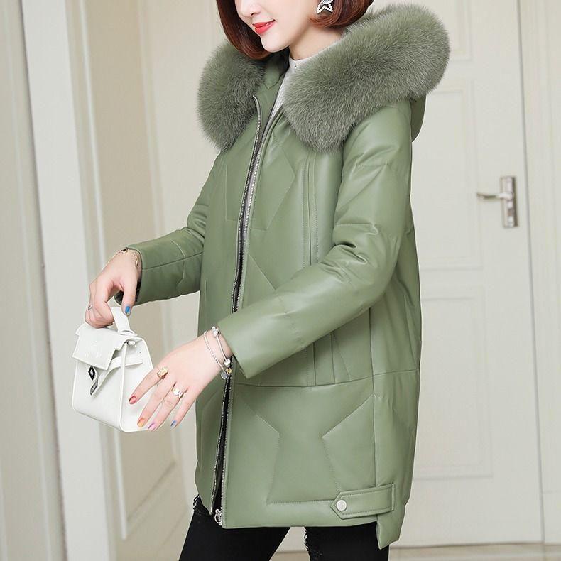 Leather Jacket Thick Cotton Jacket Female Winter Imitation Fox Fur Collar Fur Hooded Leather Jacket Mid-length