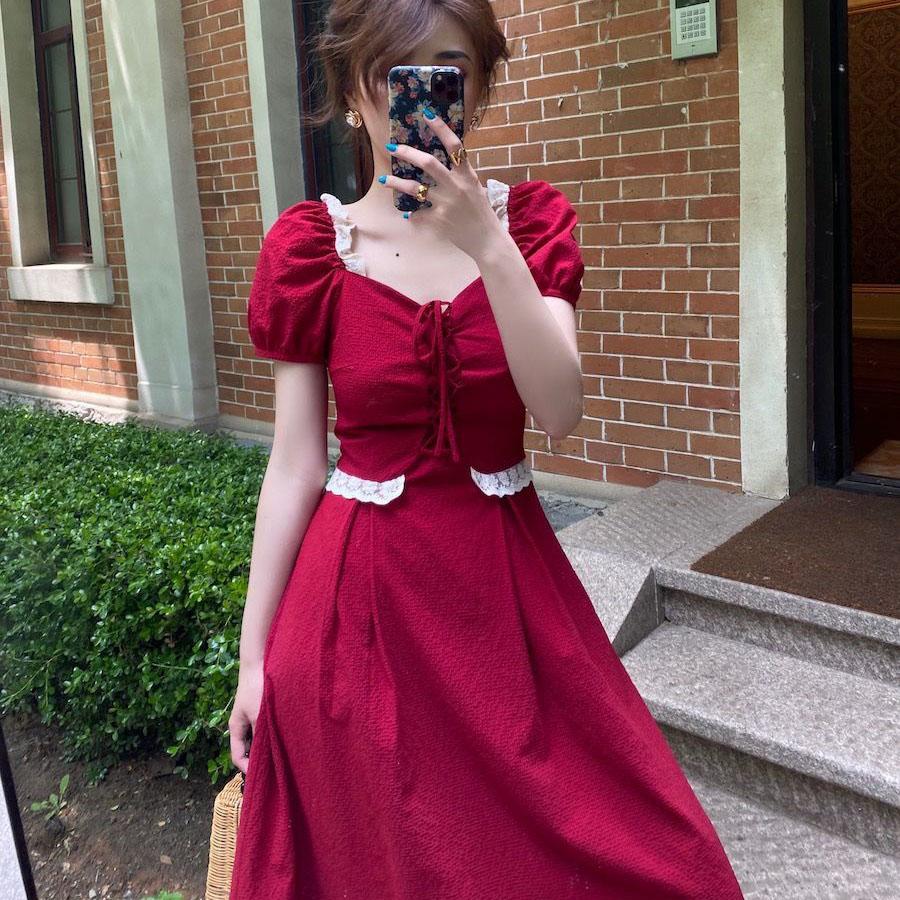 Female Simple Slim Elegant Shoulder Covering French Gentle Romantic Summer Solid Color Long Dress