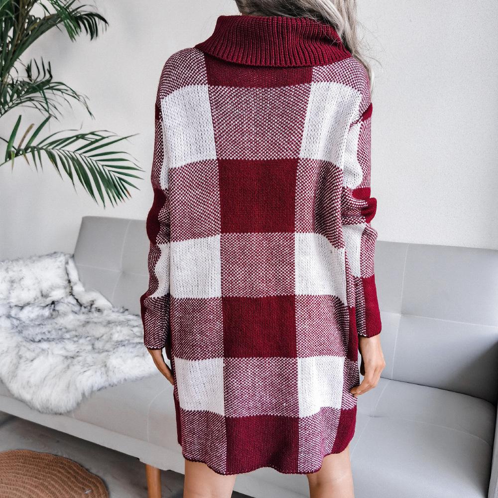 Sweater Women's Turtleneck Plaid Pullover Knitwear European and American Style Fluffy Casual Top Trendy Sweater Dress Jumper