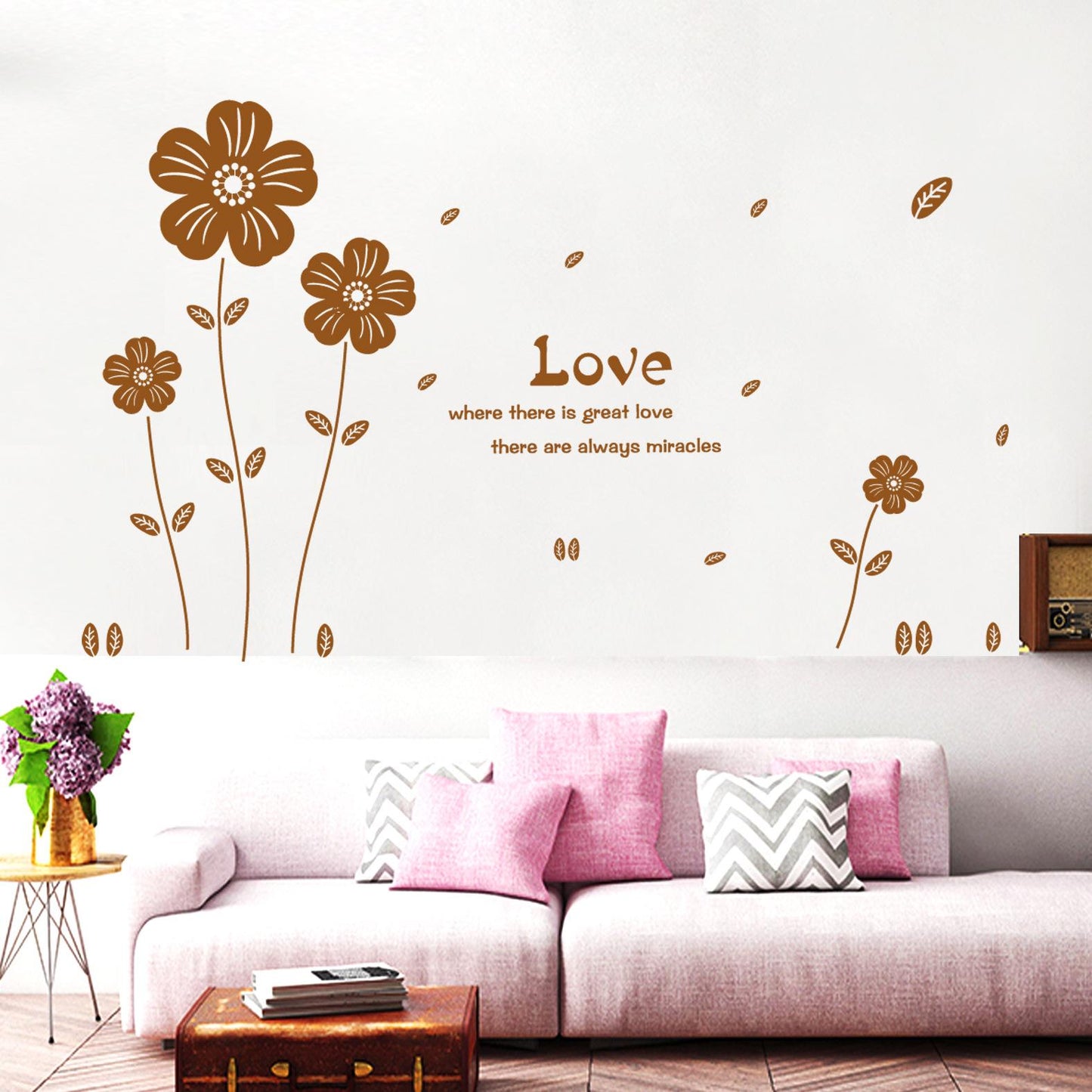Living room bedroom decorated brown flowers wall stickers sofa TV background romantic love wallpaper