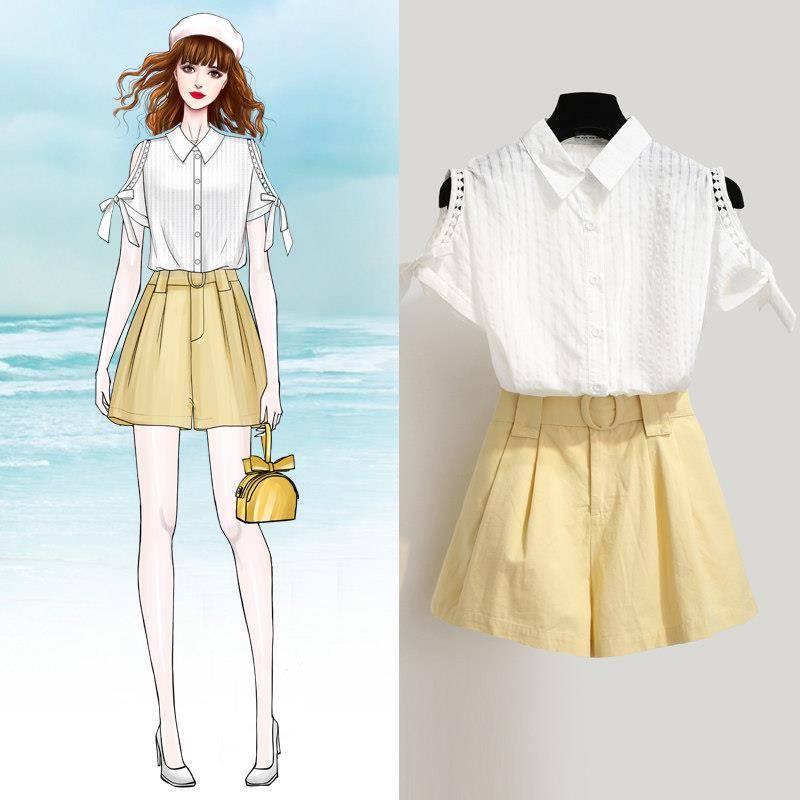 Short Set Summer Women Off-shoulder Short Sleeve Striped Shirt Loose Shorts Two-piece Suit