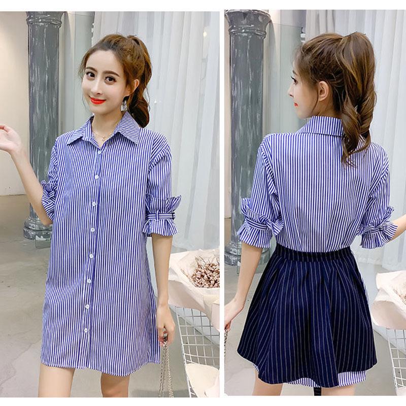 Women's Summer Dress Irregular Long-sleeved Shirt Dress Striped Shirt Dress for Work