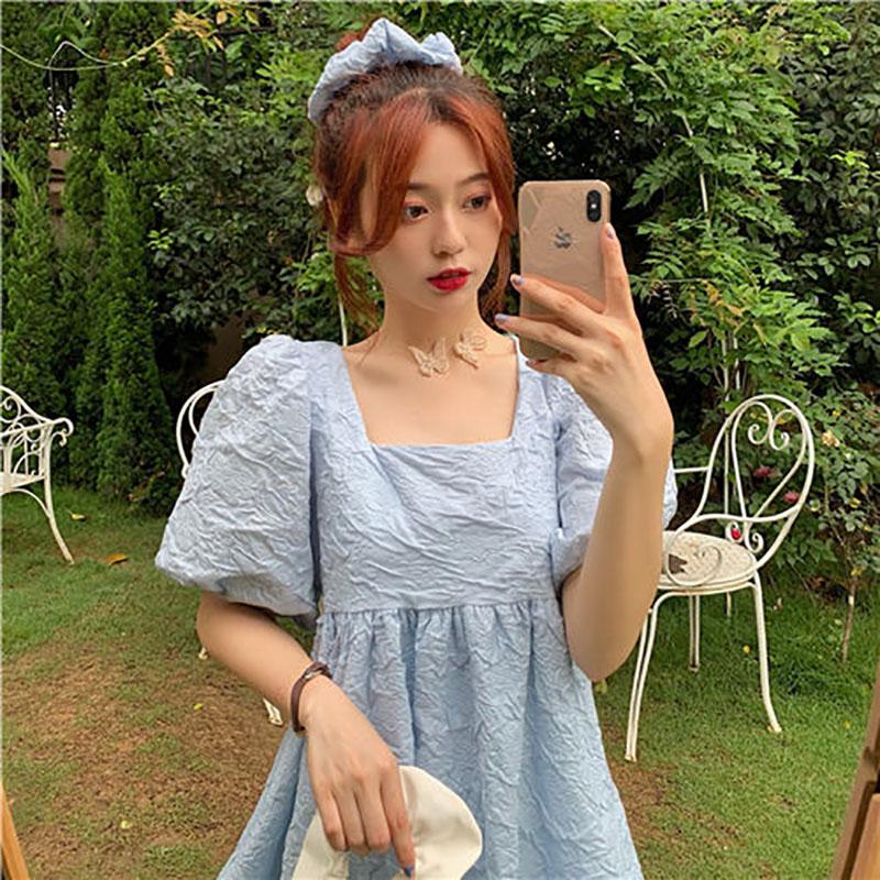 Spring and Summer Dress Korean Version of French Square Neck Bow Loose Temperament Puff Sleeve A-line Skirt