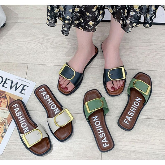 Summer Sandals and Slippers for Women's Outer Wear Square Buckle Flat-bottomed Casual Soft-bottomed Beach Sandals Slip
