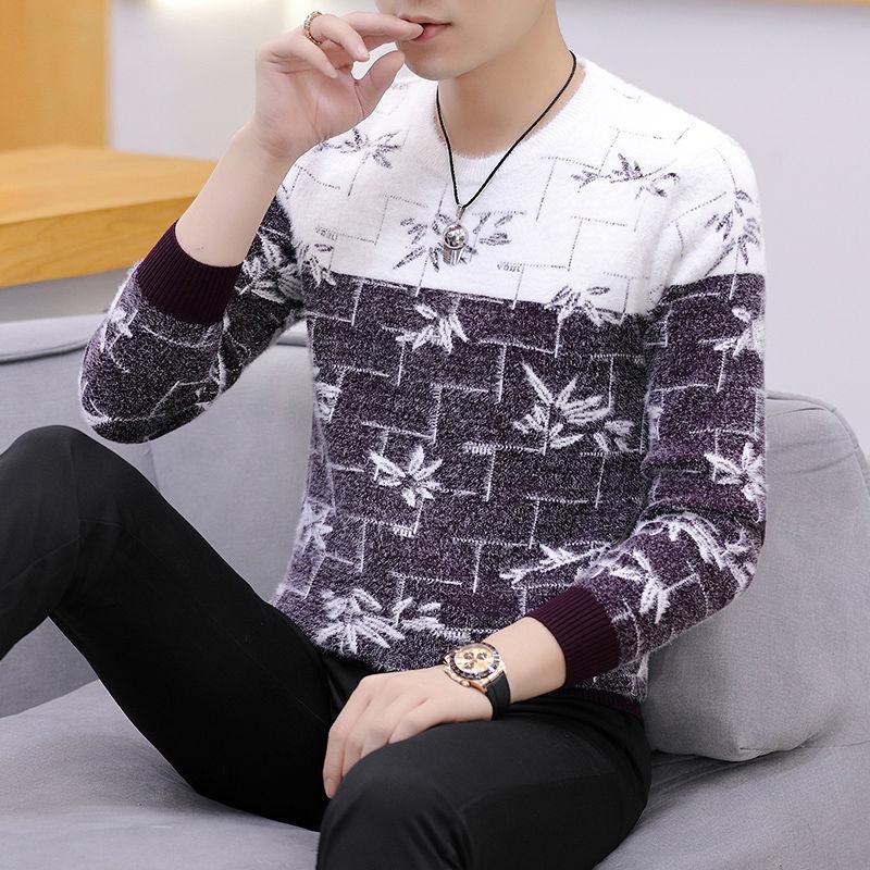 Autumn and Winter Men's Sweater Round Neck Padded Sweater Color-blocking Long-sleeved Jacket