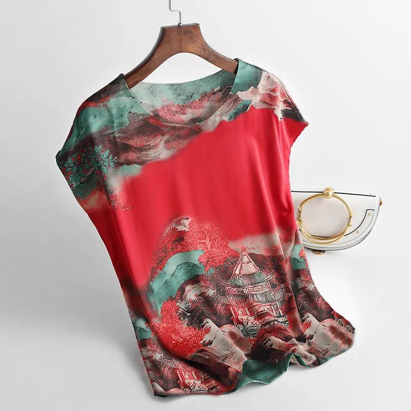 Ice Silk Blouse Women's Short-sleeved Large Size Loose Imitation Silk Small Shirt Summer New Age Reduction Printing T-shirt Women
