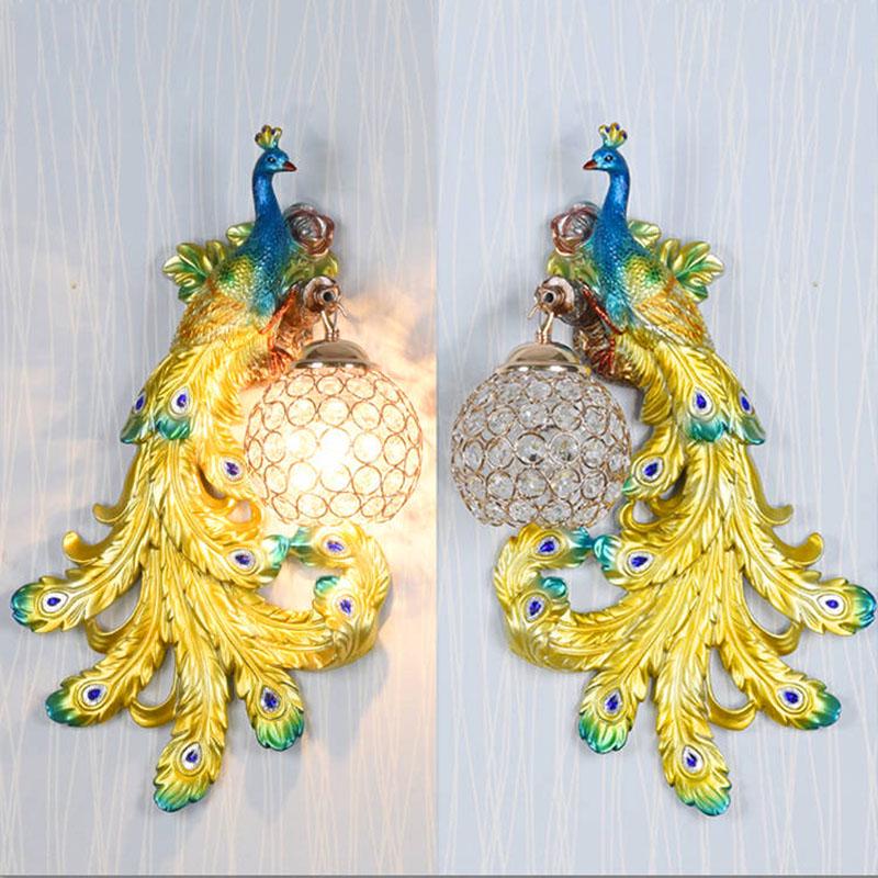 Retro peacock crystal LED wall lamp living room background bedroom bedside peacock phoenix wall lamp