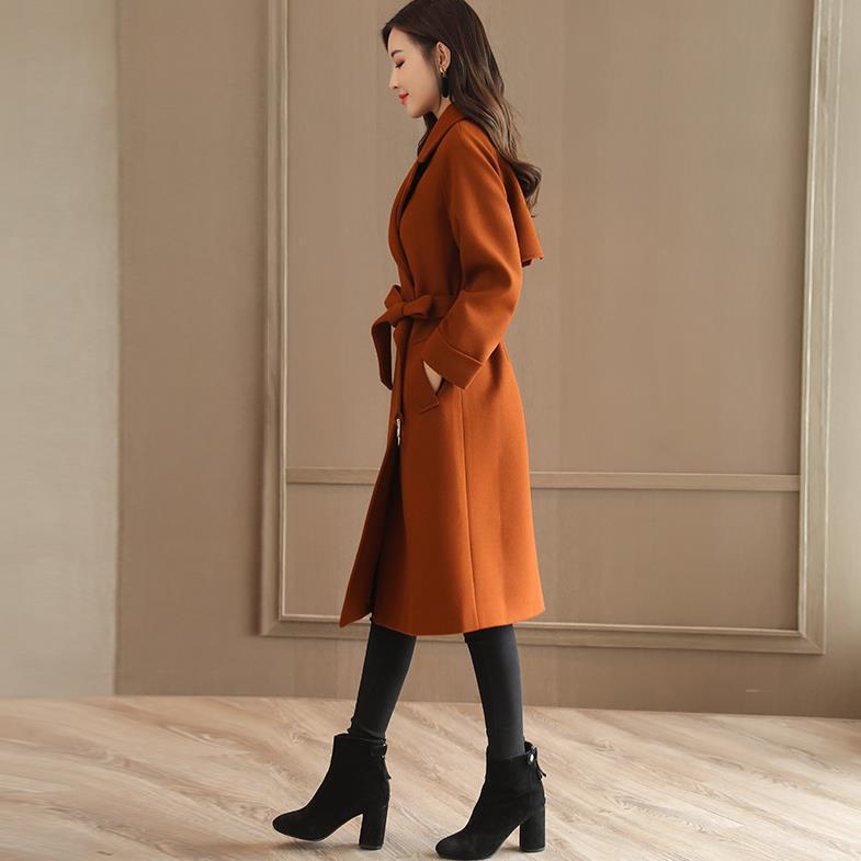 Long Women's Coat Lapel Pocket Belted Jackets Solid Color Coats Female Elegant Outerwear Ladies Coat