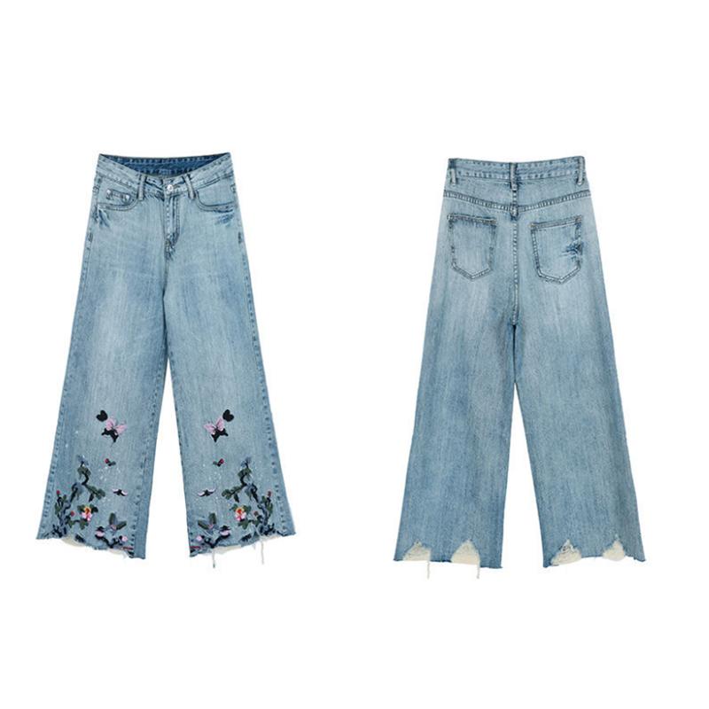 Large Size Embroidered Flared Pants Women's Spring and Autumn Thin Section High Waist Fashion Ethnic Style Loose and Thin Nine Points Wide Leg Jeans