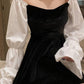 Fashion Sweet Pleuche Dress Stylish Sexy Slash Neck Puff Sleeve Slim Spring Sundress Vestidos