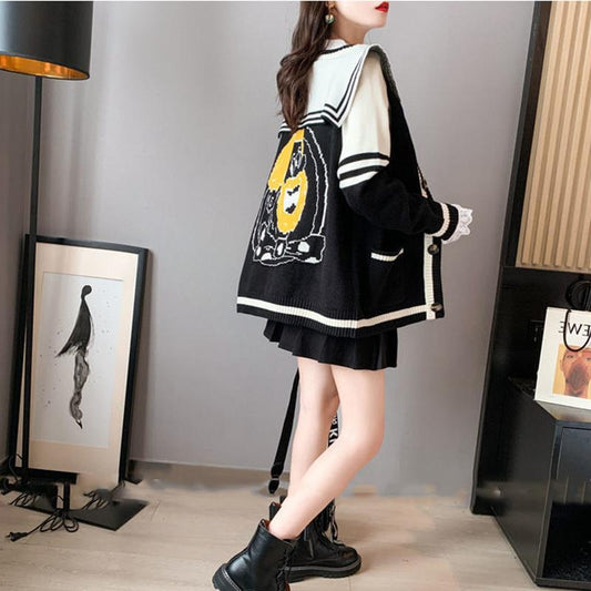 Autumn Winter Navy Collar Long-sleeved Knitted Cardigan Women Loose Casual Fashion Ladies Sweater Coat College Style