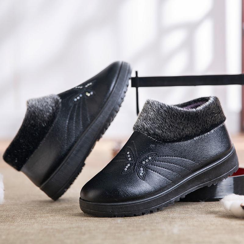 Women's Winter Warmth Velvet Leather Cotton Shoes Middle-aged Elderly Thick Shoes Oil-proof Waterproof Non-slip Mother's Booties High-top Cotton Shoes