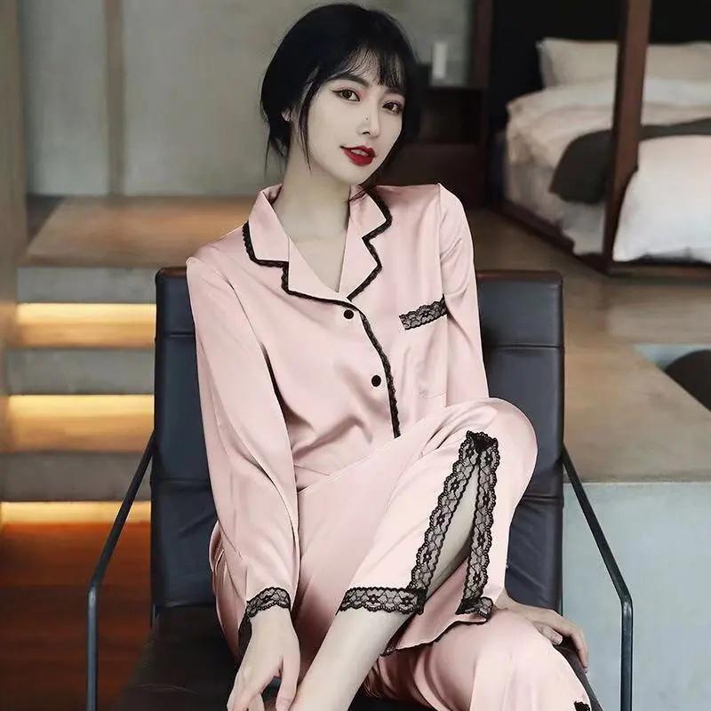 Women's Spring Autumn Long-sleeved Pajamas Set Lapel Sexy Lace Pyjamas Slit Bottoms V-neck Loose Comfortable Homewear Solid Out Wear Loungewears