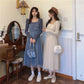 French Dress Korean Style Mid-length Long-sleeved Square Neckline Mesh  Receiving Waist Slim Skirt