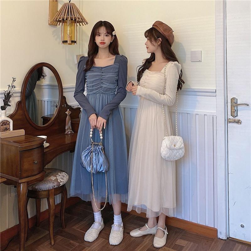 French Dress Korean Style Mid-length Long-sleeved Square Neckline Mesh  Receiving Waist Slim Skirt