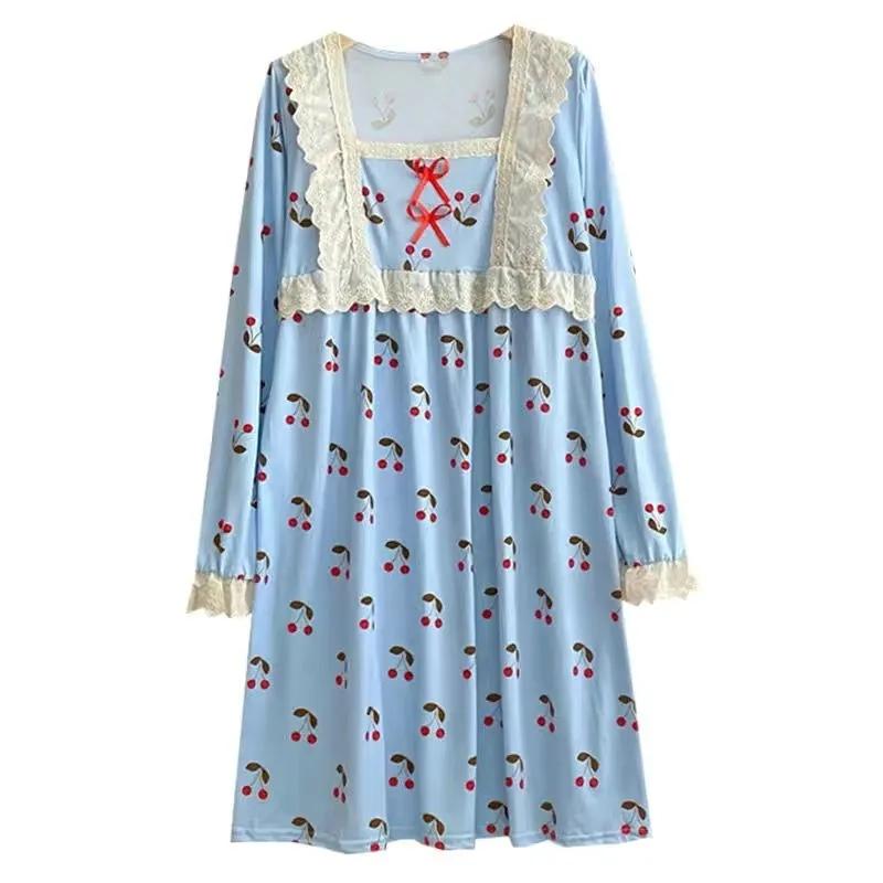 Women's Autumn Winter Pajamas Dress Long Cute Doll Collar Strawberry Printing Sweet Long Sleeve Nightdress Loose Comfortable Homewear