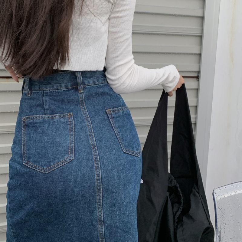 Women Sexy Sweet Solid Split Denim Skirt High Waist Over The Knee Hip Skirt Casual Club Home Office