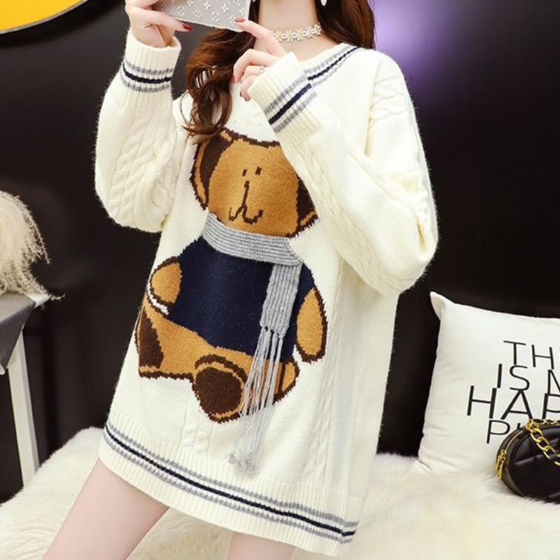 Autumn Winter  Women Fashion Sweater Casual Knitting Sweater Mid-length  Round Neck Pullovers Loose Casual Long Sleeve Sweater