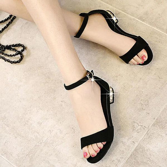 Summer Simple Open-toe Sandals Korean Rhinestones Flat-bottomed Low-heeled Sandal One Word Buckle Wear-resistant All-match Simple Sandals