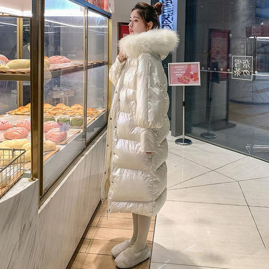 Long Padded Coat Women's Winter Loose White Bright Thickened Down Padded Coat