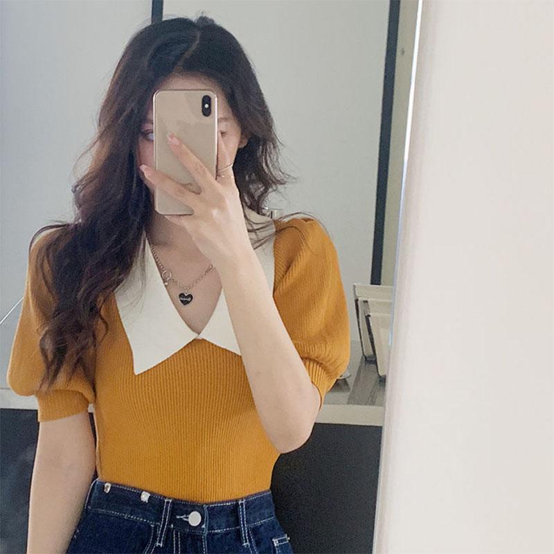 French Doll Collar Knitted Sweater Women's Design Sense Niche Korean Version Slim Short Puff Sleeve Top Trendy