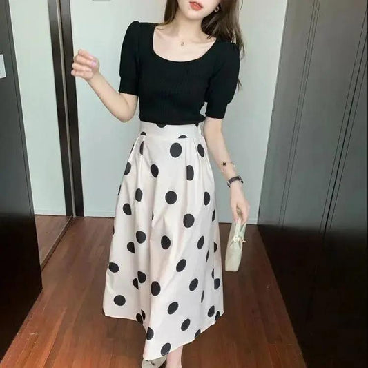Classic French Suit Women's White Polka Dot Dress Square Collar Black Short-sleeved Top Big Swing A-line Skirt Two-piece Set