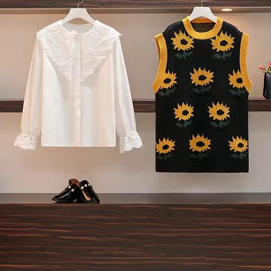 Winter Women's Knitted Vest White Lace Shirt Two-piece Set Female Large Size Sweater Vest Suit
