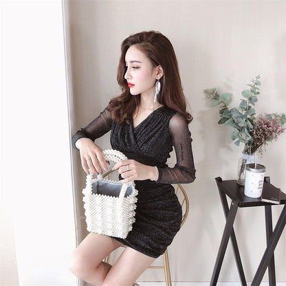 Autumn and Winter Bag Hip Sexy Dress Long Sleeves V-neck Mid-length Sweater