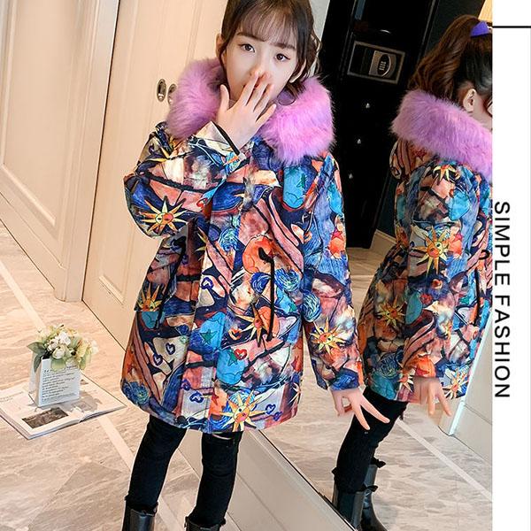 Kids Printed Fur Parkas for  Girls Winter Thick Warm Hooded Faux Fur Coat Unisex  Parka Jacket with Faux Fur Collar Outwear