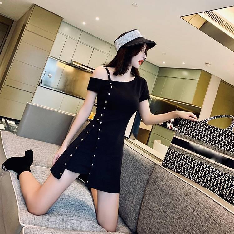 Summer Off-the-shoulder Suspender Skirt Irregular Metal Buckle Slim Solid Color Niche Dress Women's Summer