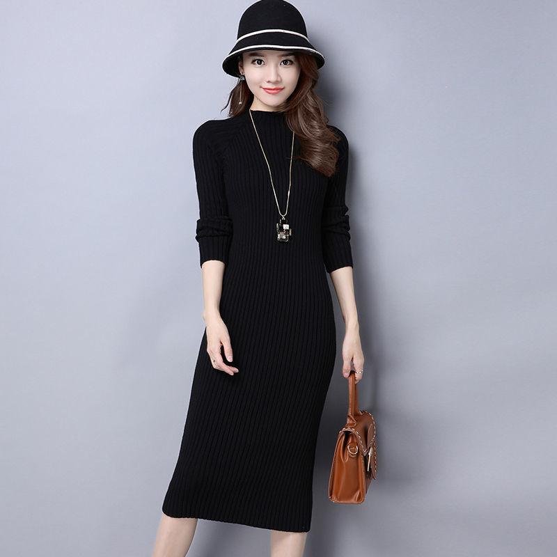 Knitted Round Neck Dress Long Sleeves Autumn and Winter Slim Slimming All-match Base Long Sweater Dress Knee-length Warm