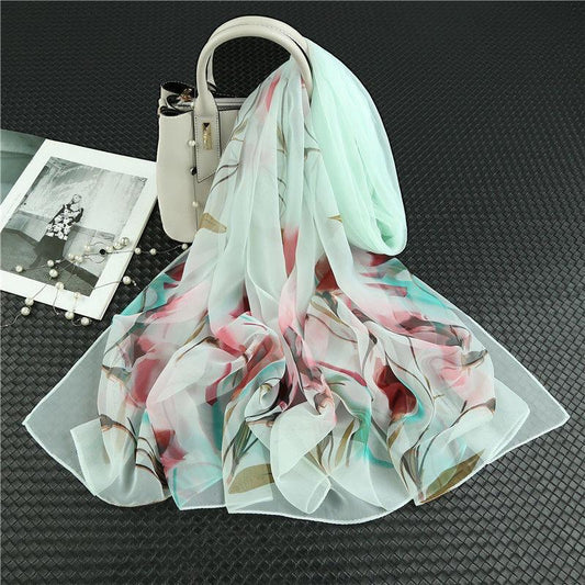 Printed Chiffon Silk Scarf Women 90*180cm Oversized Sunscreen Holiday Seaside Beach Shawl