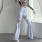 White Openwork Fork Jeans High Waist Thin European and American Style Splicing Bell Pants