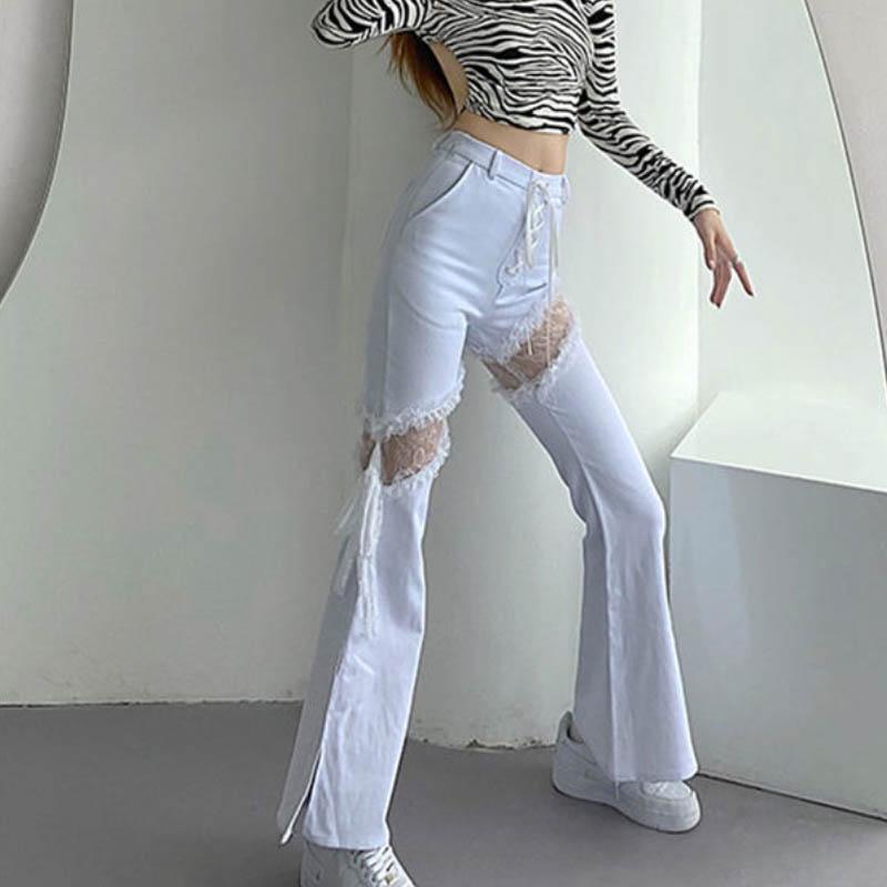 White Openwork Fork Jeans High Waist Thin European and American Style Splicing Bell Pants