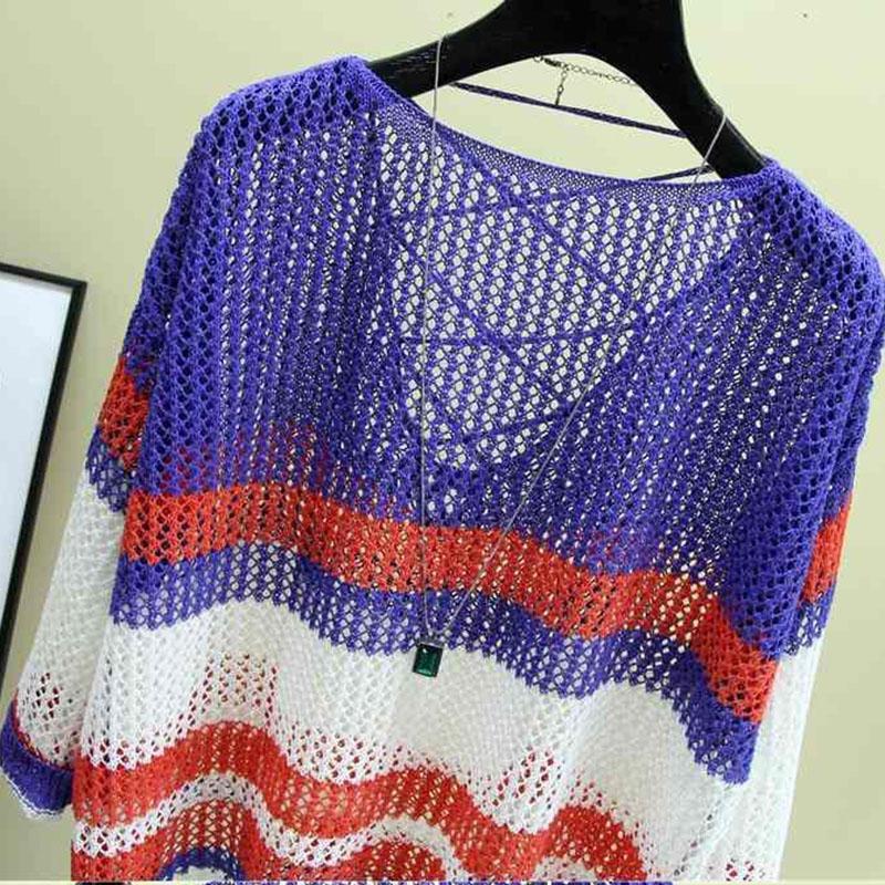 Loose Ice Silk Sunscreen Tops Thin Hollow Knitted Blouses Women's Casual Tops Personality Hollow Color Matching Sweet Pullovers