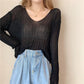 Girly White V-neck Sweater Women Spring and Autumn Korean Loose Thin Long-sleeved Sunscreen Top