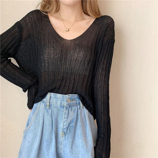 Girly White V-neck Sweater Women Spring and Autumn Korean Loose Thin Long-sleeved Sunscreen Top