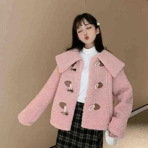 Autumn and Winter All-match Big Lapel Horn Buckle Loose Lamb Fur Coat Fur One Coat Women