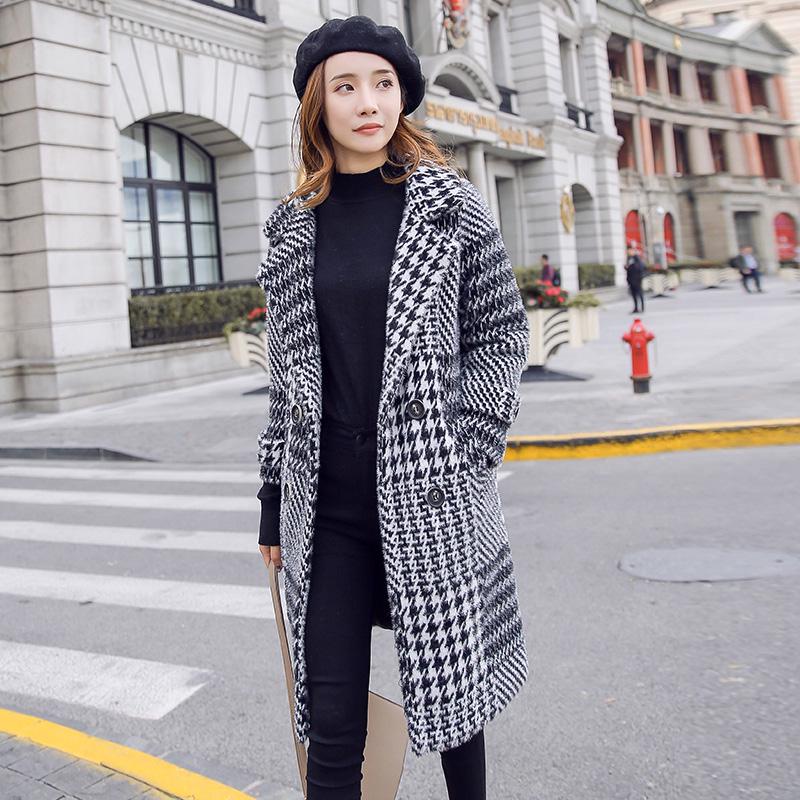 Women's Jackets & Coats Medium-long Plaid Wool & Blends Coat Turn-down Collar Pockets Parka